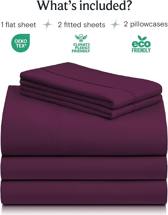 LuxClub 5 PC Split King Sheet Set, Deep Pockets Wrinkle Free Cooling Bed Sheets Hotel Bedding for Women, Men, Includes 2 Fitted Sheet, 1 Flat Sheet and 2 PillowcasesSoft Eggplant | LuxClub Silky Fitted Sheet & Pillowcase Sets, Breathable Hotel Luxury B...