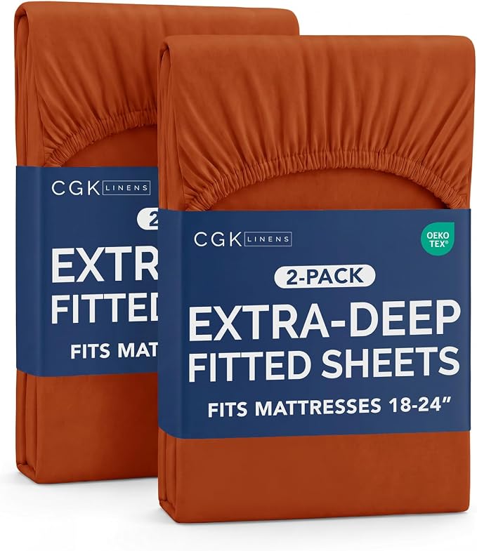 2 Pack Extra Deep Twin XL Fitted Sheets with Deep Pockets - Terracotta | Hotel Luxury Bottom Fitted Sheets Only, Soft, Fade & Wrinkle Free, Breathable & Comfy, All Around Elastic Fitted Sheets