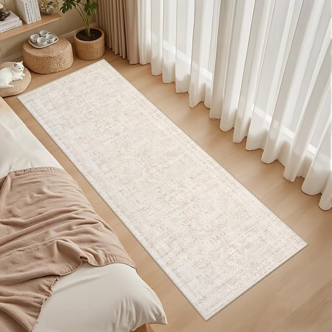 2'6''x8' Hallway Washable Runner Rug: Neutral Kitchen Carpet Beige | Vintage Boho Soft Small Indoor Decor Floor Non-Slip Low Pile Carpet Farmhouse Entryway Laundry Bathroom Bedroom Beside Rugs