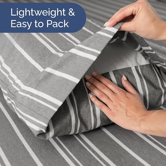 Short Queen Size 4 Piece Bed Sheet Set - RV Short Queen - Grey Stripes | Ultra-Soft, Breathable & Cooling Bed Sheets Set with Deep Pockets, Hotel Luxury Bedding for Women & Men, Wrinkle & Fade Free