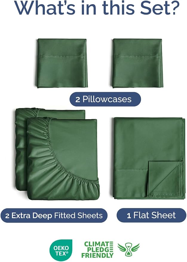 Extra Deep Split King Sheet Set - 5 Piece Cooling Sheets - Emerald Green | Easily Fits 18 to 24 inch Mattress - Ultra Soft, Wrinkle & Fade Free with Extra Deep Pockets - Comfy Hotel Luxury Bedding