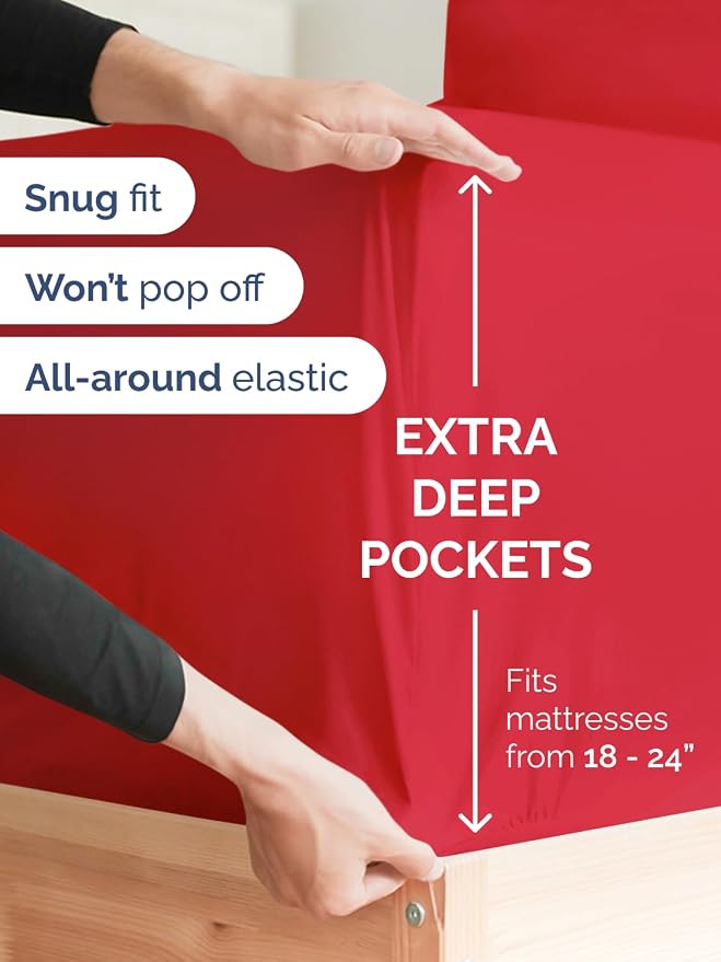 Extra Deep Queen Sheet Set - 6 Piece Breathable and Cooling Sheets - Red | Hotel Luxury Bed Sheets Set, Easy & Secure Fit, Ultra-Soft, Wrinkle & Fade Free, Comfy Sheets Set with Extra Deep Pockets