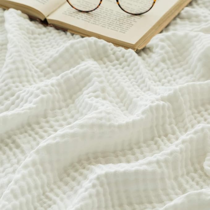 EMME Muslin Blankets for Adults Throw Blanket for Couch Breathable Gauze Soft Lightweight Airy White Queen 90" x 90"