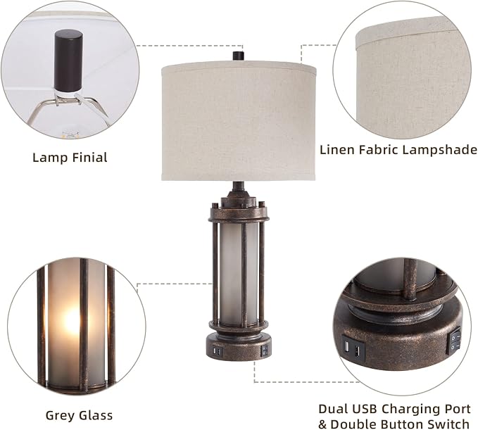 AIEAMPDO Set of 2 Farmhouse Table Lamps for Living Room with USB C+A Ports | Rustic Vintage Bedroom Nightstand Lamp, Built-In Frosted Glass Night Light for End Table Entryway, 4 Bulbs Included (Bronze)