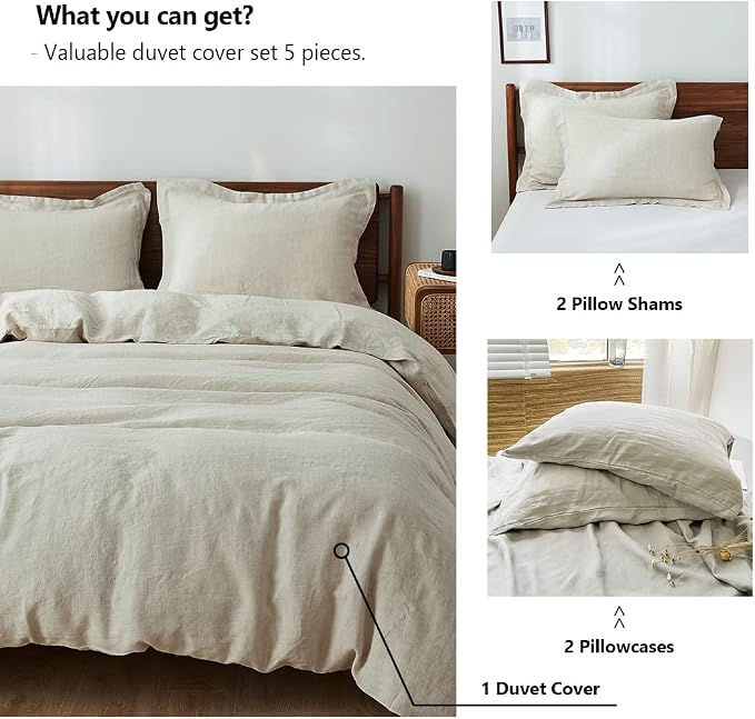 Simple&Opulence 100% Washed Linen Duvet Cover Set 5pcs(1 Duvet Cover& 2 Shams& 2 Pillowcases) Basic Style Natural French Flax Soft Breathable Farmhouse Bedding (Queen, Linen)