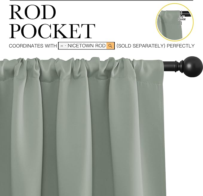 NICETOWN Window Curtains Blackout Drapes - Thermal Insulated Solid Rod Pocket Blackout Curtains/Draperies for Living Room (Sage Green, One Pair, 34 by 40-Inch)