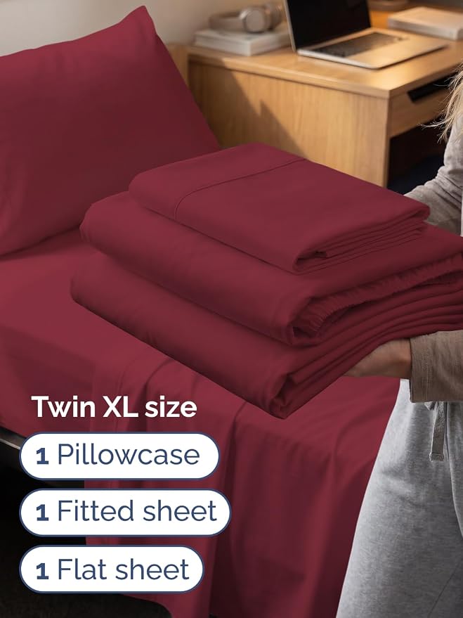 Extra Deep Twin XL Sheet Set - 3 Piece College Dorm Room - Burgundy | Soft, Breathable & Cooling, Easily Fits 18 to 24 inch Mattress, Wrinkle Free & Fade Resistant with Extra Deep Pockets