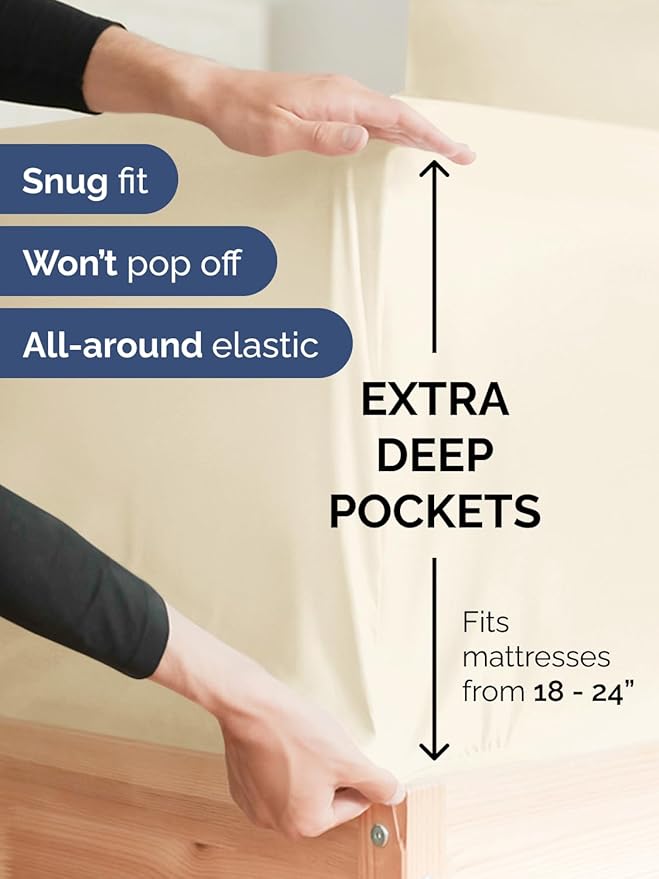 Extra Deep Queen Sheet Set - 4 Piece Breathable Cooling Sheets - Off White | Easily Fits 18 to 24 inch Mattress - Ultra Soft, Wrinkle & Fade Free with Extra Deep Pockets - Comfy Hotel Luxury Bedding