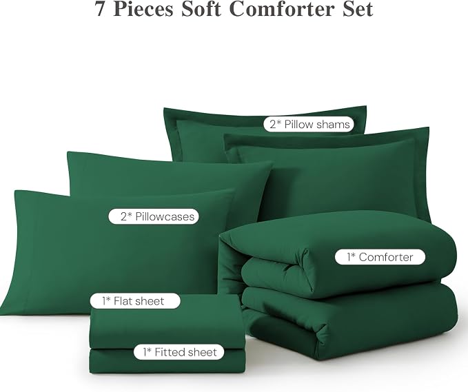 King Size Comforter Set- 7 Pieces Prewashed Bed in a Bag King Bedding Sets | Soft All Season Comforter with Sheets, Pillow Shams & Pillowcases,Emerald Green