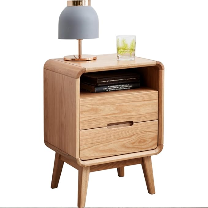 Solid Wood Nightstand, Mid Century Modern Small Nightstand with Two Drawers, Small Night Stand with Open Shelf, Oak Bedside Table for Bedroom, Dorm(Natural Wood Color)