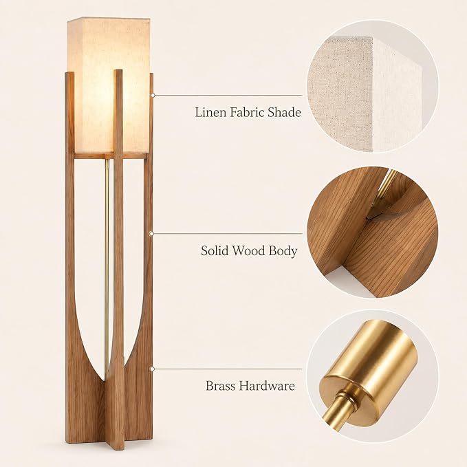 Farmhouse Style Floor Lamp,57 Inch,for Living Room | Natural Wood Frame,Linen Lampshade,Soft Ambient Glow,3000K Warm Light,Suit for Couch Bedroom,Boho Decor