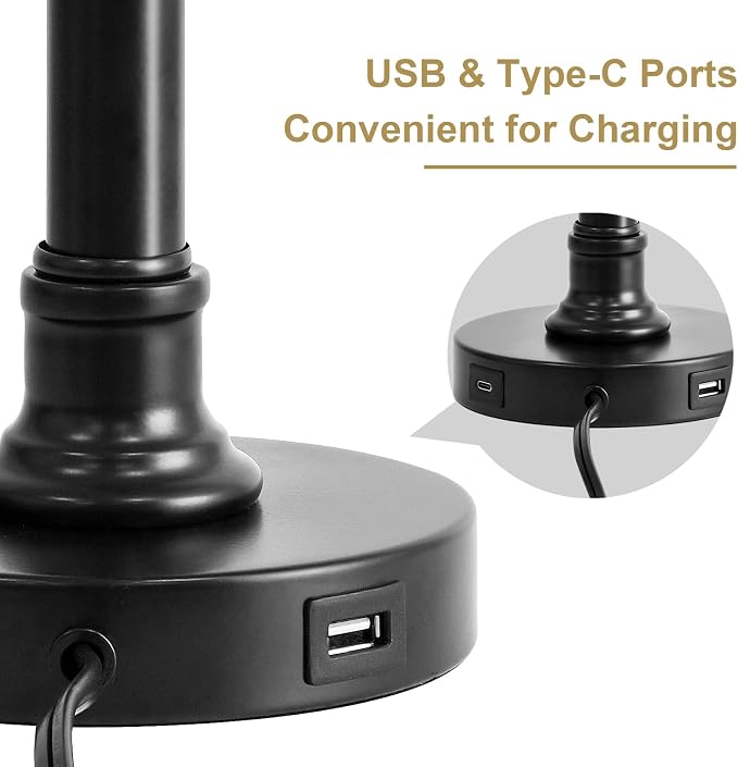 19.5" Small Table Lamps Set of 2 for Living Room Bedroom, USB A+C | Pull Chain Switch Rustic Bedside Table Lamps, Natural Shade, Small Farmhouse Nightstand Lamp for End Table & Desk Light