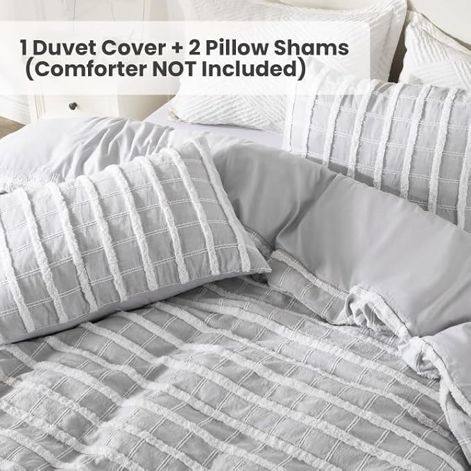 ROSE&RISY Tufted Queen Duvet Cover Set, 3 Pieces Soft & Comfortable Lightweight Textured Boho Embroidery Shabby Chic Bedding Set,Includes 1 Duvet Cover, 2 Pillow Cases (Grey Gingham,Queen)