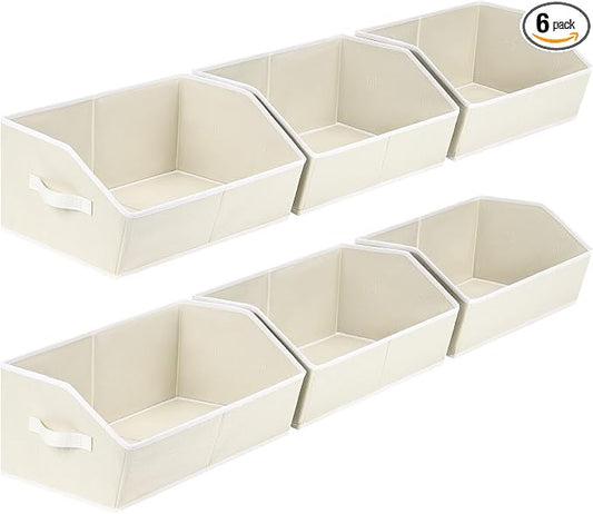 Organizer Bins Cube Storage - Trapezoid Storage Bin 6 Pack, Fabric Baskets for Organizing, Large Storage Basket for Shelves, Closet Organizers for Toys, Clothes, Towels (Beige)