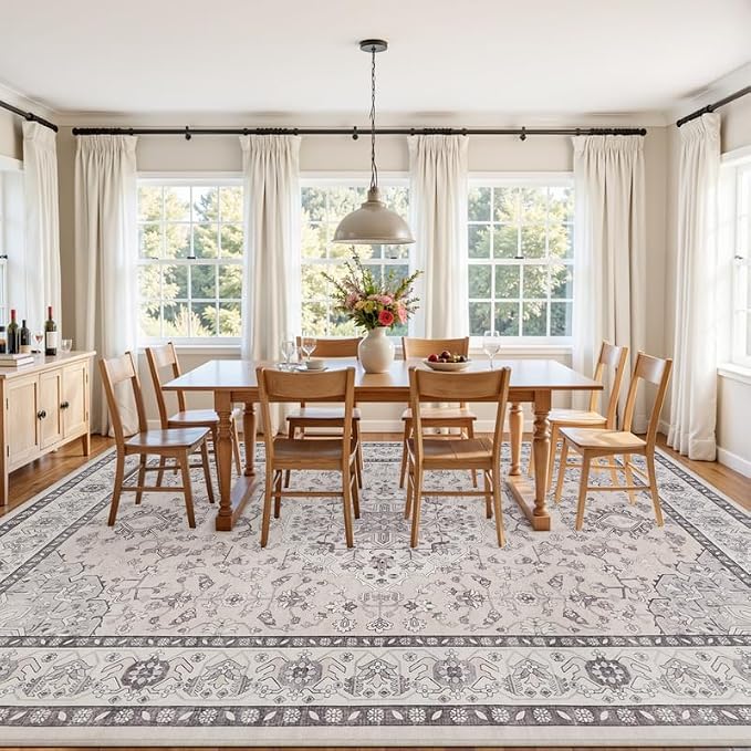 10x14 Area Rugs Living Room: Bedroom Washable Carpet Beige & Grey | Large Vintage Boho Indoor Decor Neutral Soft Nursery Farmhouse Dining Room Office Floor Non-Slip Low Pile Under Table Rug