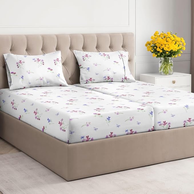 Split King 5 Piece Floral Sheet Set - Soft, Breathable & Cooling - Posy | 1 Flat, 2 Fitted & 2 Pillowcases w/ Deep Pockets, Boho Botanical Floral Bedding, Breathable & Cooling, Wrinkle & Fade Free