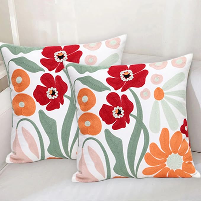 Pack of 2 Embroidered Decorative Throw Pillow Cover 18x18 Inch Farmhouse Floral Pillowcase for Living Room Sofa Bed (Romantic Flower)