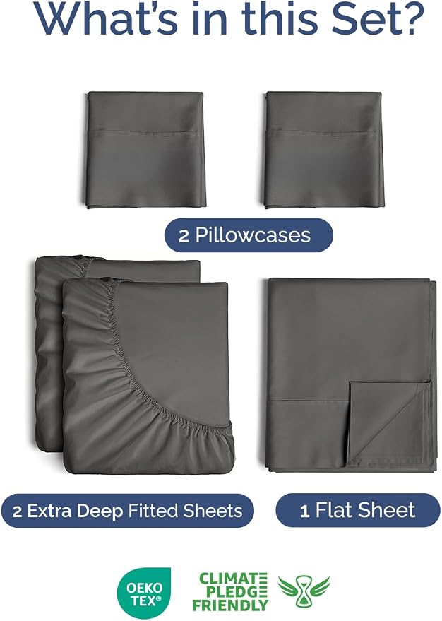 Extra Deep Split King Sheet Set - 5 Piece Soft & Cooling Sheets - Charcoal | Easily Fits 18 to 24 inch Mattress - Ultra Soft, Wrinkle & Fade Free with Extra Deep Pockets - Comfy Hotel Luxury Bedding