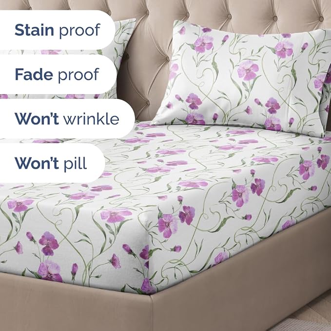 Split King 5 Piece Floral Sheet Set - Breathable & Cooling - Pretty Pink | 1 Flat, 2 Fitted & 2 Pillowcases w/ Deep Pockets, Boho Botanical Floral Bedding, Breathable & Cooling, Wrinkle & Fade Free