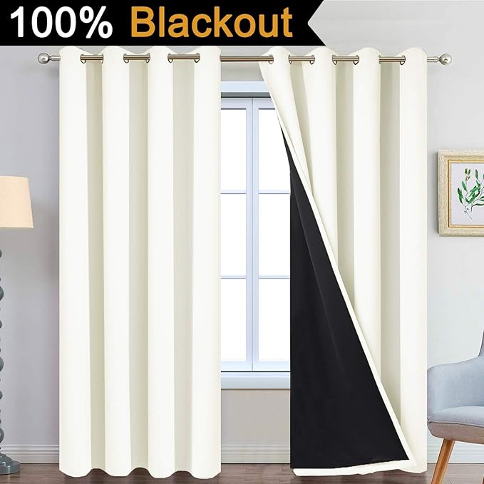Yakamok Cream 100% Blackout Curtains 96 Inches Long for Bedroom 52" Wide | Blackout Curtain Panels for Bedroom, 2 Thick Layers Grommet Top Thermal Insulated Drapes with Black Liner for Living Room