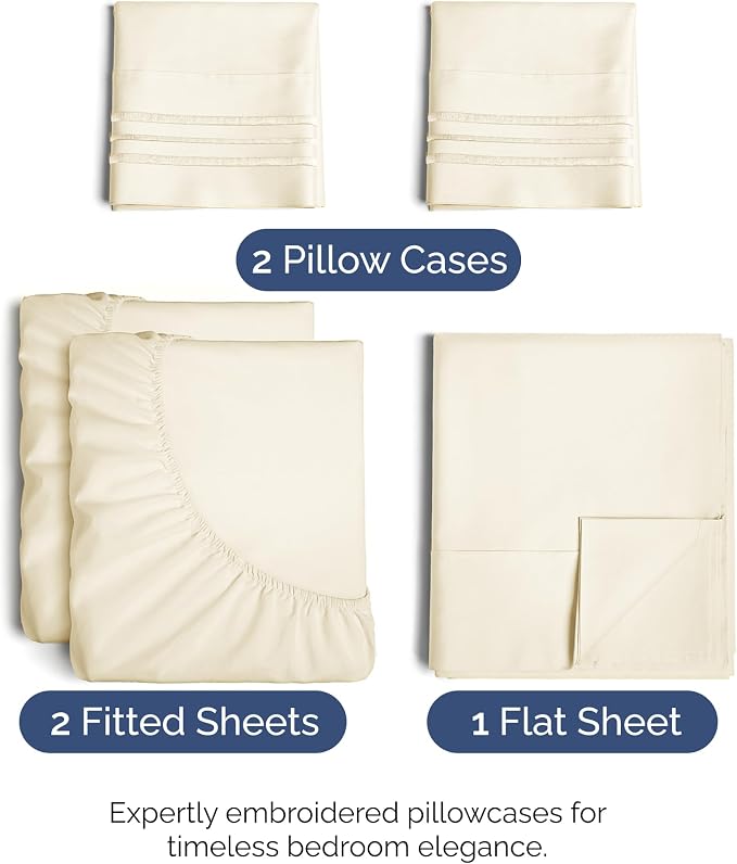 Split King Size 5 Piece Sheet Set - Breathable & Cooling Sheets - Off White | Hotel Luxury Bed Sheets for Women & Men, Deep Pockets, Easy-Fit, Comfy, Soft and Wrinkle Free Sheets, Oeko-Tex Bed Sheet Set