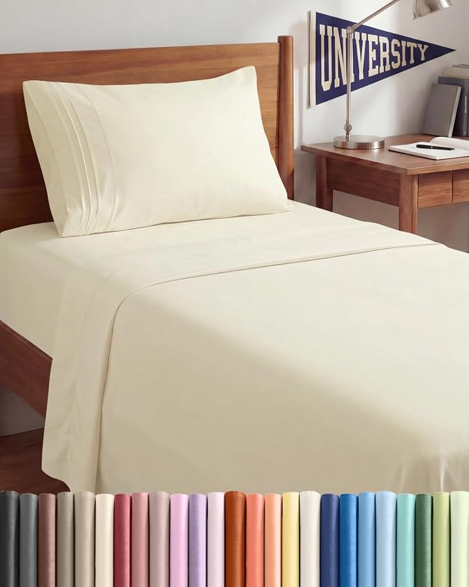 Twin XL 3 Piece Sheet Set - College Dorm Room Essentials - Off White | Deep Pocket Bed Sheets for Women, Men, Teens & Students, Soft, Cooling, Breathable & Wrinkle Free, Oeko-Tex Bed Sheet Set