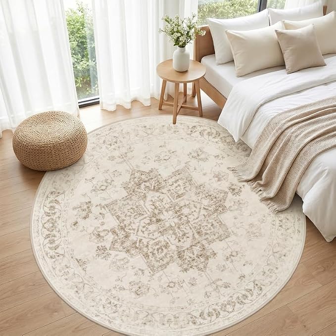 Round Area Rug Living Room: 8ft Washable Carpet Beige/Ivory | Vintage Boho Circle Soft Large Circular Carpet Bedroom Nursery Neutral Dining Room Indoor Decor Floor Non-Slip Under Table