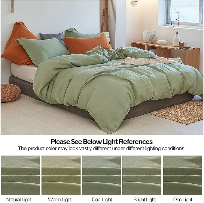 Simple&Opulence 100% Linen Duvet Cover Set 3pcs Basic Style Natural French Washed Flax Solid Color Soft Breathable Farmhouse Bedding with Button Closure - Sage Green, Full