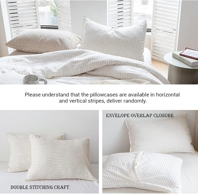 Simple&Opulence 100% Linen Striped Duvet Cover Queen 3pcs, Yarn Dyed Vertical Pinstripe Ticking Pattern Natural French Washed Flax Breathable Farmhouse Bedding - Cinnamon Stripe