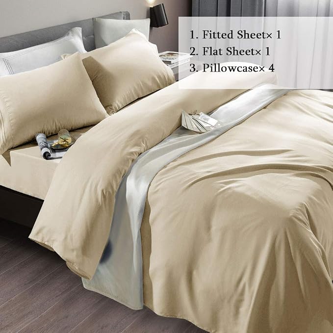 SONORO KATE Bed Sheet Set Super Soft Microfiber 1800 Series Luxury Egyptian Sheets Fit 18-24 Inch Deep Pocket Mattress Wrinkle-6 Piece (Beige, California King)
