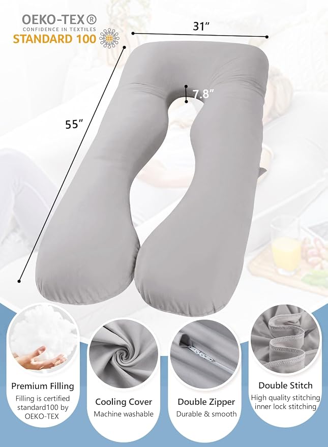 Meiz Pregnancy Pillow, Cooling Silky Pregnancy Pillows for Sleeping, Maternity Body Pillow for Pregnant Woman with Cooling Silk Jersey Cover, Light Grey
