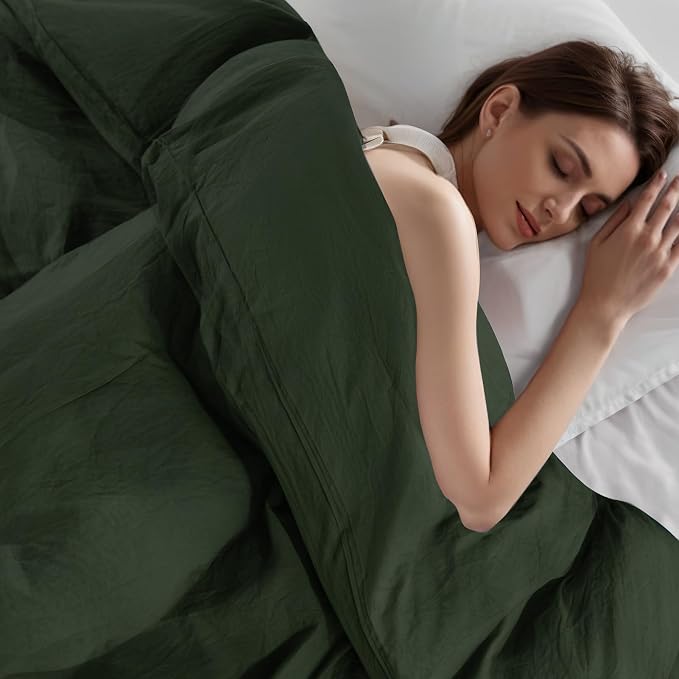 NEXHOME PRO Queen Duvet Cover Set – 100% Certified Organic Cotton with Washed Feel & Linen-Like Texture, Comfortable & Breathable, Home Bedding Set Olive Green (No Comforter)