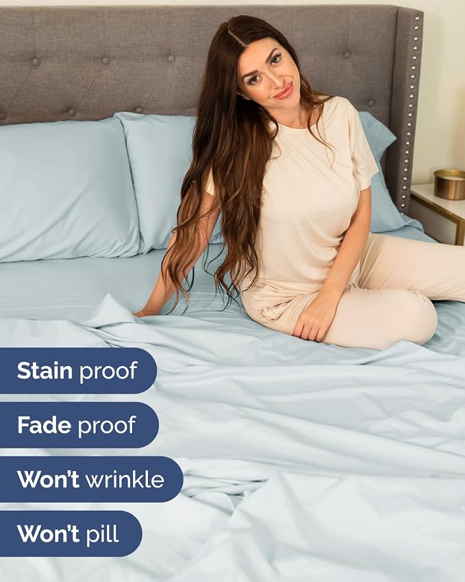 Flex Top Split Head King Sheet Set - 4 Piece Extra Deep Sheets - Ice Blue | Easily Fits 18 to 24 inch Mattress, Ultra Soft, Wrinkle & Fade Free with Extra Deep Pockets, Comfy Hotel Luxury Bedding