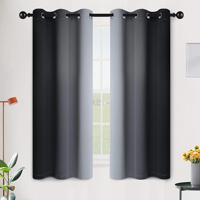 SimpleHome Ombre Black to Grey White Curtains for Living Room 42Wx63L | Room Darkening Curtains for Bedroom,Gradient Light Blocking Curtain,Thermal Insulated Grommet Window Drapes,2 Panels,63 Inch