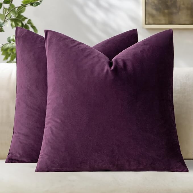 MIULEE 24x24 Inch Pack of 2 Euro Velvet Throw Pillow Covers Eggplant Purple | Soft Solid Decorative Euro Sham, Modern Luxury Home Decor, for King Bed Sofa Couch Bedroom Livingroom