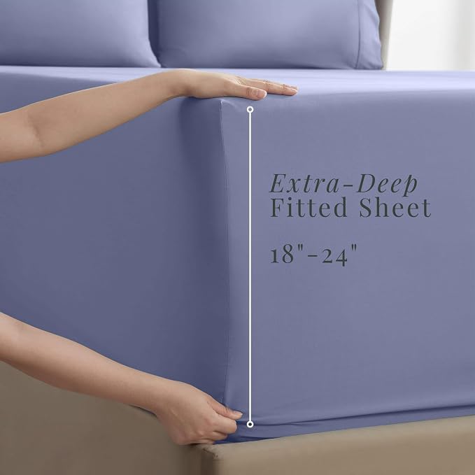 Hearth & Harbor Extra Deep Pocket Sheets - Fits Mattress 18-24 Inches Deep - Extra Deep Pocket Twin Sheets Sets - 4 Piece Twin Size - Steel Blue