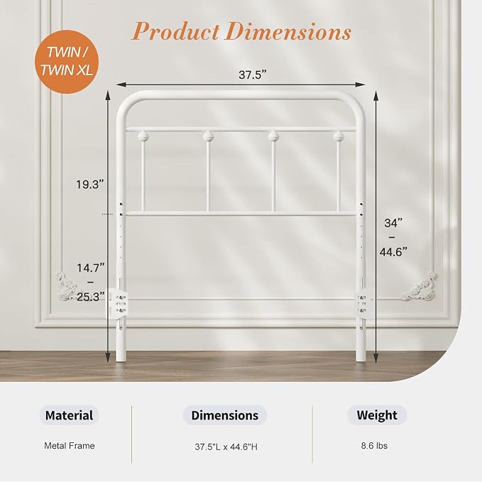 Victorian Metal Twin/Twin XL Headboard, Adjustable Height, White | Sturdy Steel Twin Size Head Board Only, Bed Frame Brackets Adapter, Farmhouse Vintage Style, Easy Assembly