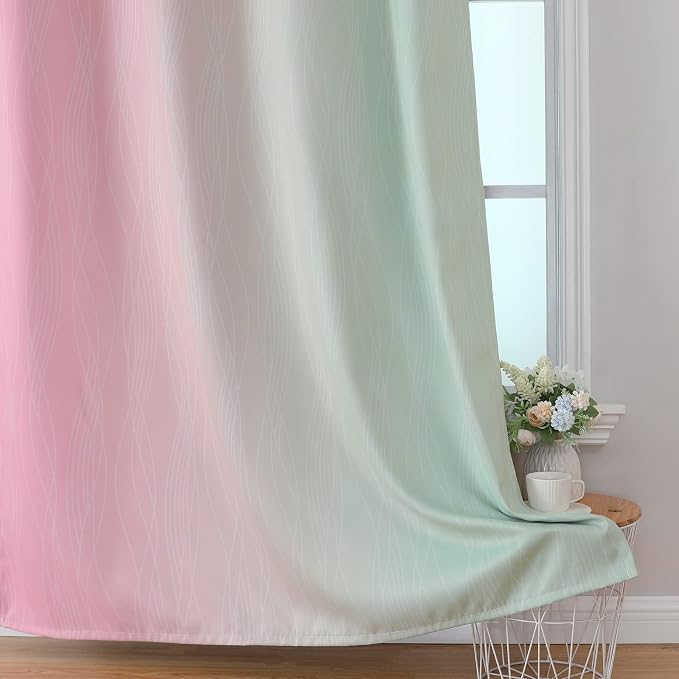 Sage Green and Pink Ombre Blackout Curtains for Bedroom | Room Darkening Curtains 54 Inch Long for Living Room,Thermal Insulated,Light Blocking Grommet Window Drapes,52Wx54L,2 Panels