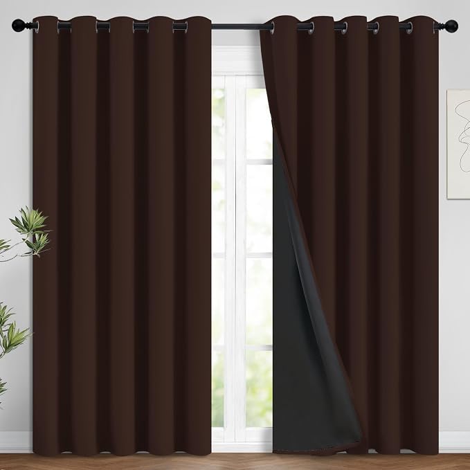 Yakamok Chocolate Brown Blackout Curtains 96 Inches Long 62" Wide, 2 Panels | Blackout Curtain Panels for Bedroom, 2 Thick Layers Grommet Top Thermal Insulated Drapes with Black Liner for Living Room