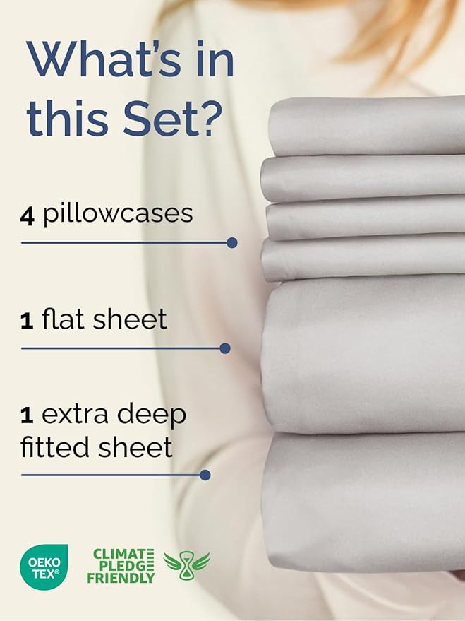 Extra Deep Queen Sheet Set - 6 Piece Breathable & Cooling - French Grey | Hotel Luxury Bed Sheets Set, Easy & Secure Fit, Ultra-Soft, Wrinkle & Fade Free, Comfy Sheets Set with Extra Deep Pockets