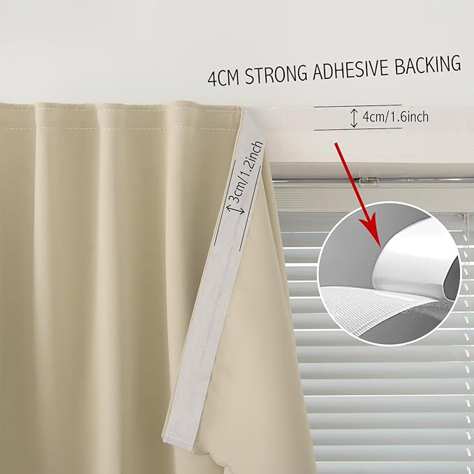 Blackout Curtains with Self Adhesive Tape No Rod No Drill Easy Install Window Cover for Bedroom Kitchen Dorm 34" W X 59" L Beige 1 Panel