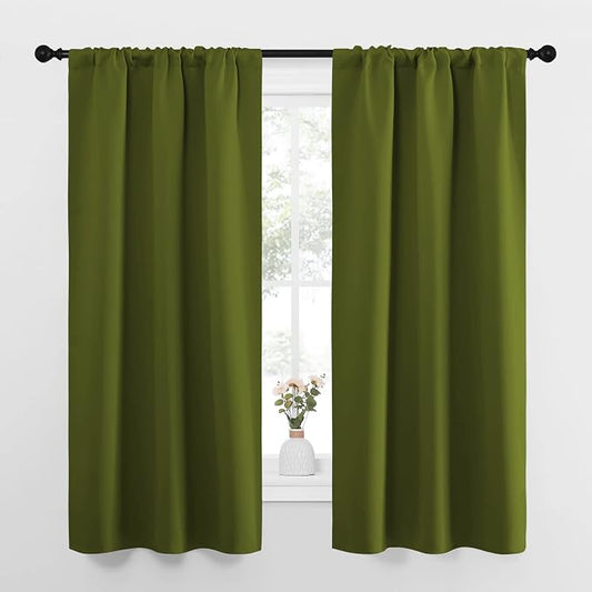 NICETOWN Bedroom Curtains Draperies with Rod Pocket, Nursery Essential Thermal Insulated Blackout Curtain Panels for Small Window (Olive Green, 1 Pair, 34 x 63)