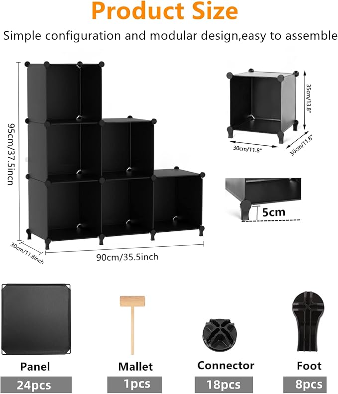 AWTATOS Closet Organizers and Storage, 6 Cube Storage Organizer, Black | Portable Closet Storage Shelves, DIY Stackable Storage Cube Book Shelf, Plastic Clothes Organizer Shelving for Bedroom, Home