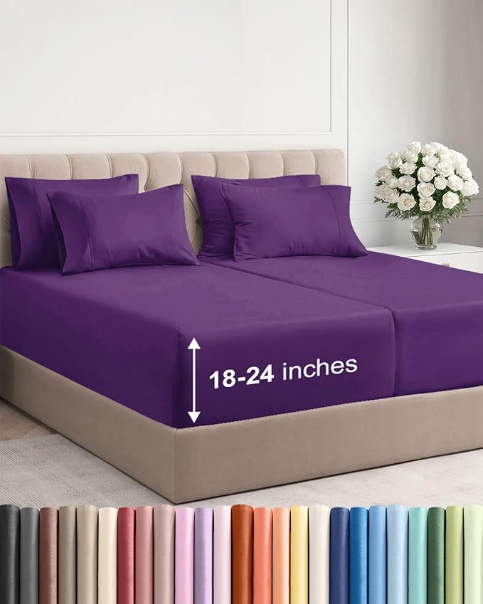 Extra Deep Split King Sheet Set - 7 Piece Breathable & Cooling - Purple | Hotel Luxury Bed Sheets Set, Easy & Secure Fit, Ultra-Soft, Wrinkle & Fade Free, Comfy Sheets Set with Extra Deep Pockets