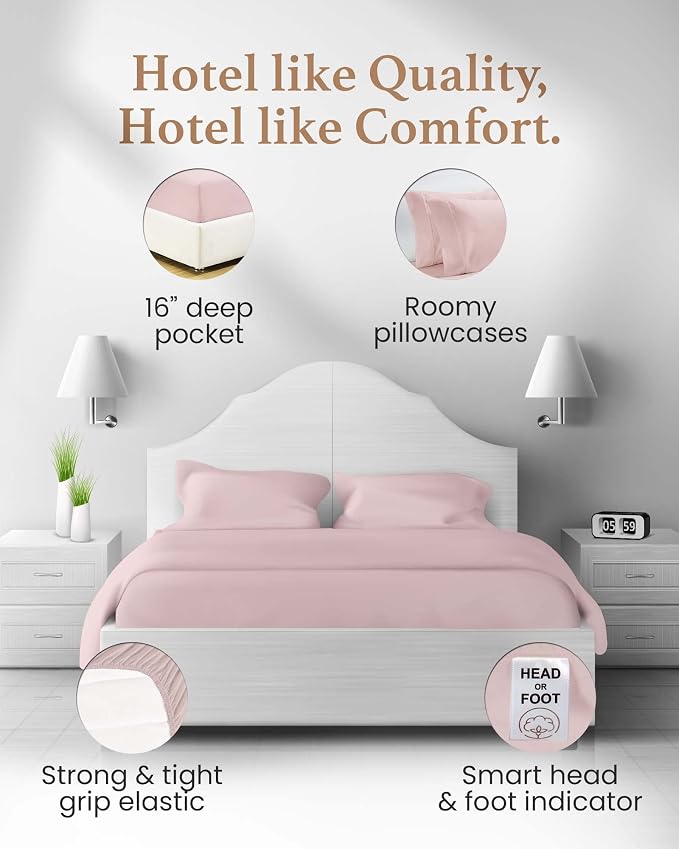 Good Sleep Bedding 100% Egyptian Cotton Bed Sheets King Size, 4 Piece Silky Sateen Weave King Bed Sheets, Ultra-Soft & Durable Hotel Luxury, 16" King Sheets Deep Pocket - Blush