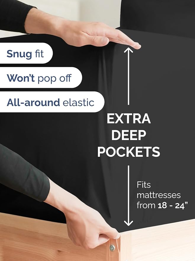 Extra Deep Queen Sheet Set - 6 Piece Breathable and Cooling Sheets - Black | Hotel Luxury Bed Sheets Set, Easy & Secure Fit, Ultra-Soft, Wrinkle & Fade Free, Comfy Sheets Set with Extra Deep Pockets