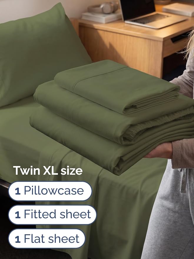 Extra Deep Twin XL Sheet Set - 3 Piece College Dorm Room - Sage Green | Soft, Breathable & Cooling, Easily Fits 18 to 24 inch Mattress, Wrinkle Free & Fade Resistant with Extra Deep Pockets