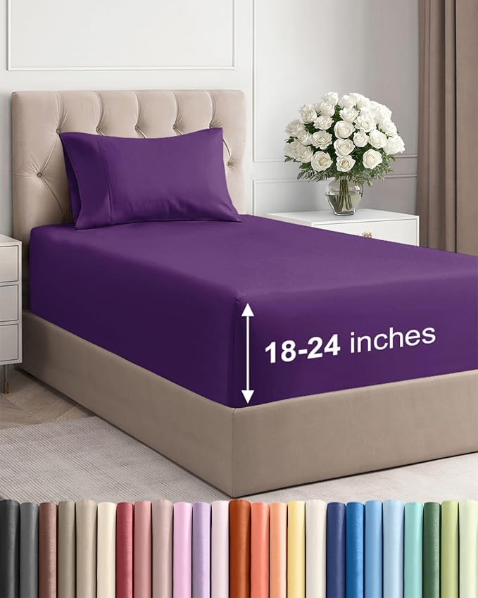 Extra Deep Twin Sheet Set - 3 Piece Breathable & Cooling Sheets - Purple | Easily Fits 18 to 24 inch Mattress - Ultra Soft, Wrinkle & Fade Free with Extra Deep Pockets - Comfy Hotel Luxury Bedding