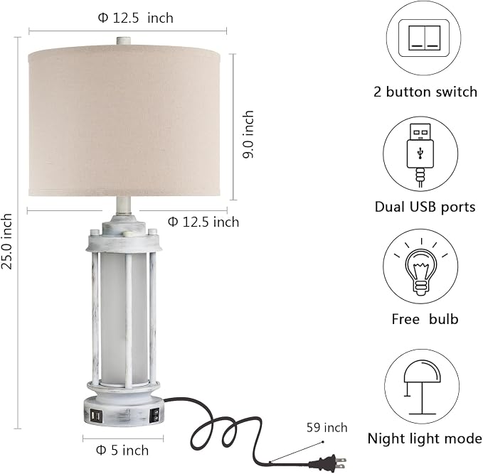 AIEAMPDO 25" Set of 2 Antique White Rustic Table Lamps 2 USB C+A Ports | Vintage Farmhouse Design With Glass Night Light. Nightstand Lamps For Living Room, Bedroom And Dorms, 4 Bulbs Included
