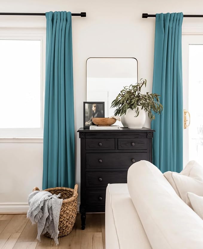 INOVADAY 100% Blackout Linen Curtains for Bedroom 50x84 Inches Teal | Linen Textured, Light Blocking, Room Darkening, Thermal Insulated, Back Tab Top, Window Curtains for Living Room, 2 Panels